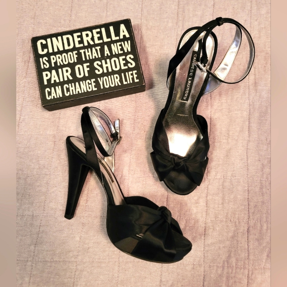 Chinese Laundry - Black Satin High Heel w/Rhinestone Buckle - sz 10 Formal
